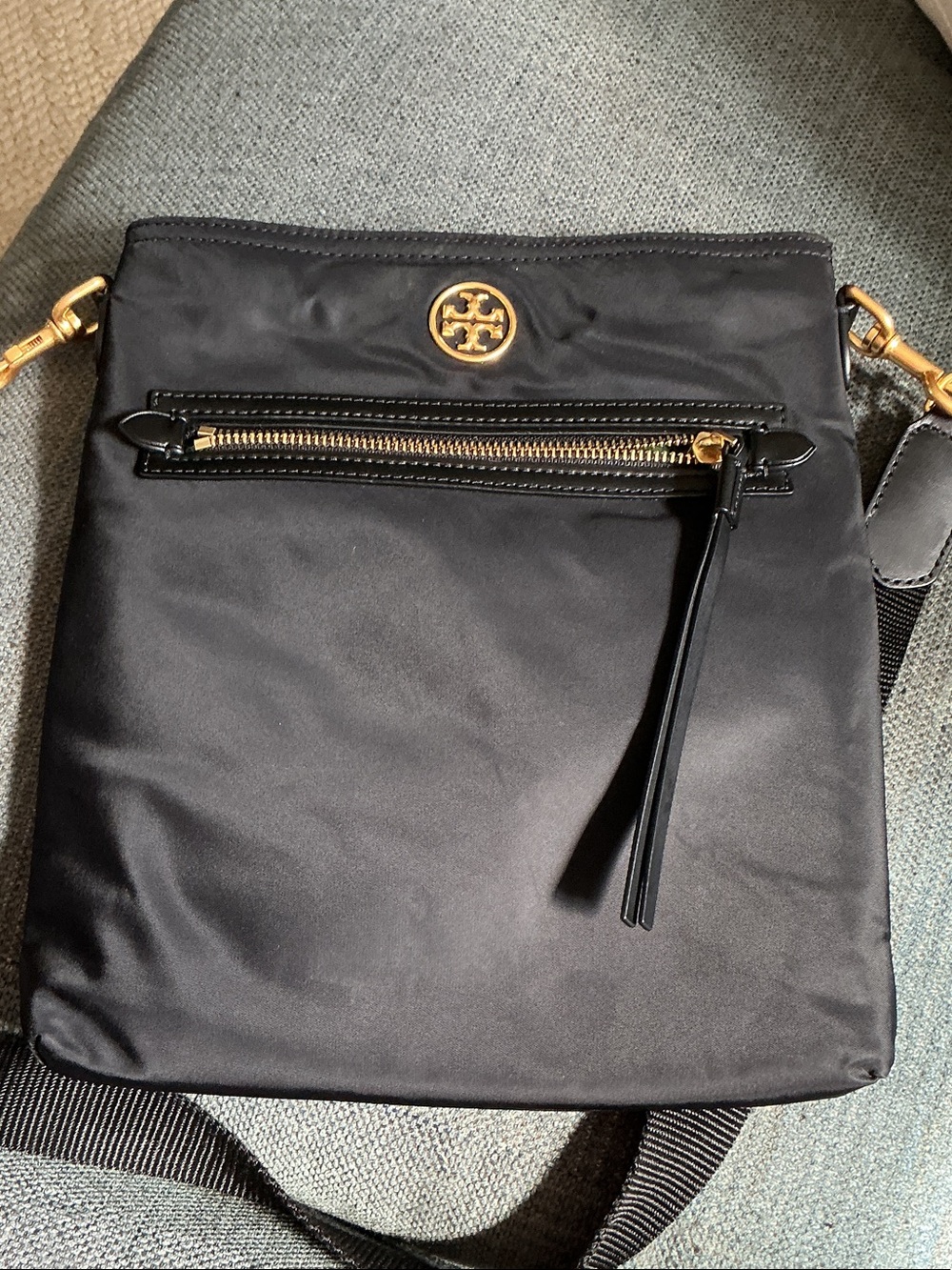 Tory Burch Black Nylon Messenger Bag with Gold Logo